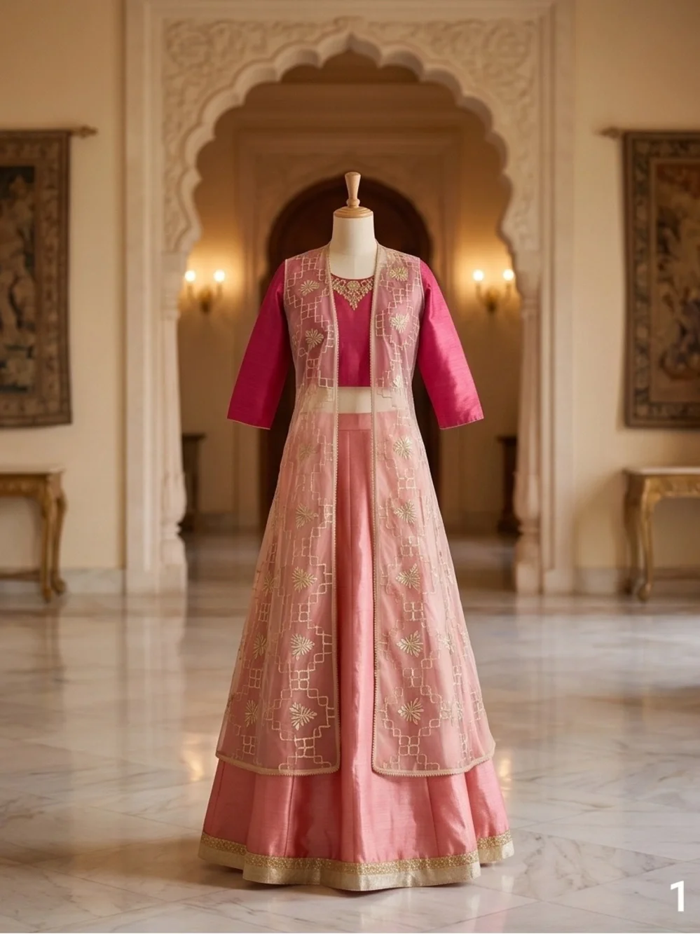 Ethnic Indian Wear Pink Embroidered Maxi Skirt Set with Overlay